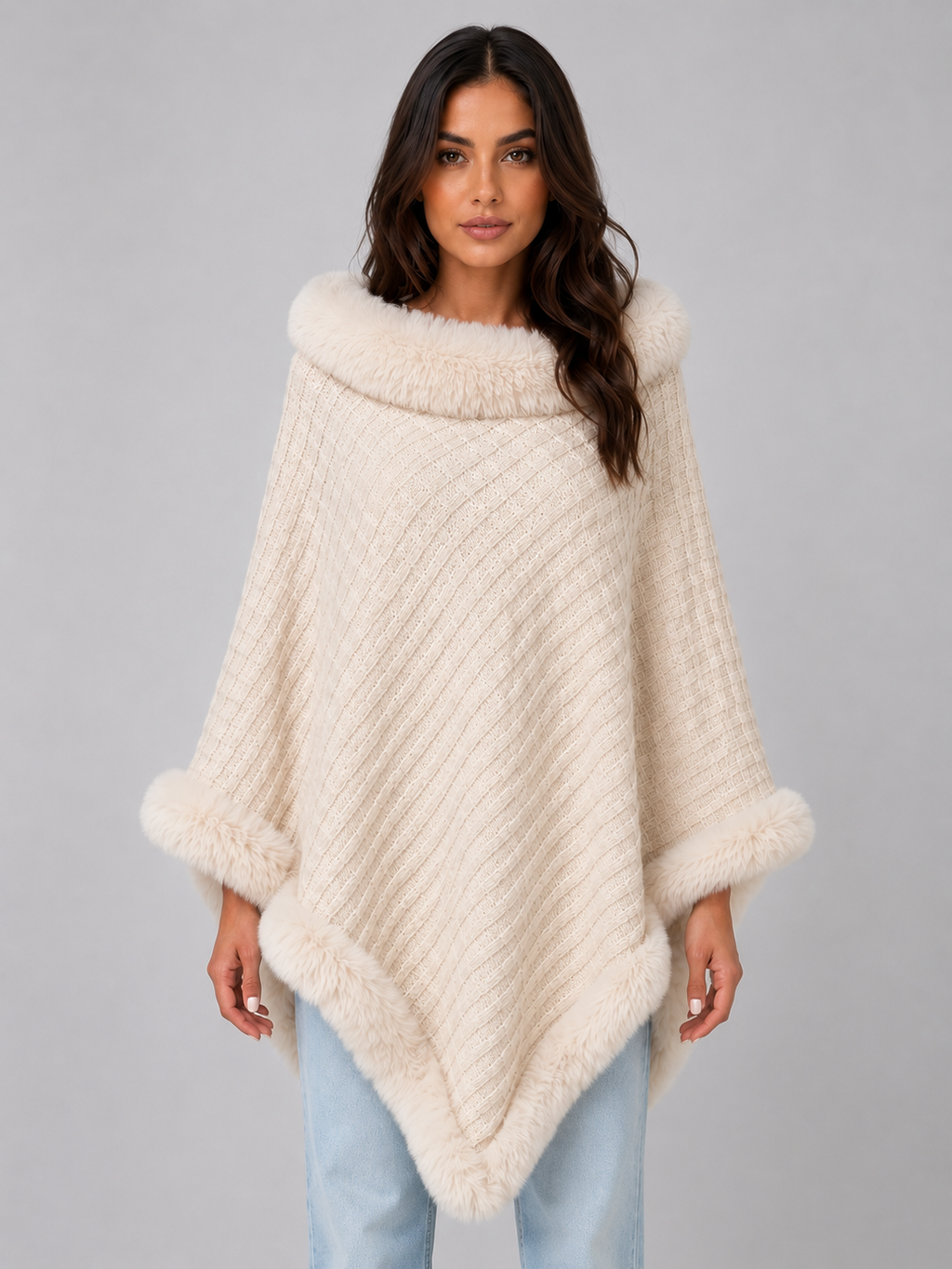 Women’s Knitted Cape Coat – Faux Fur Trim Poncho