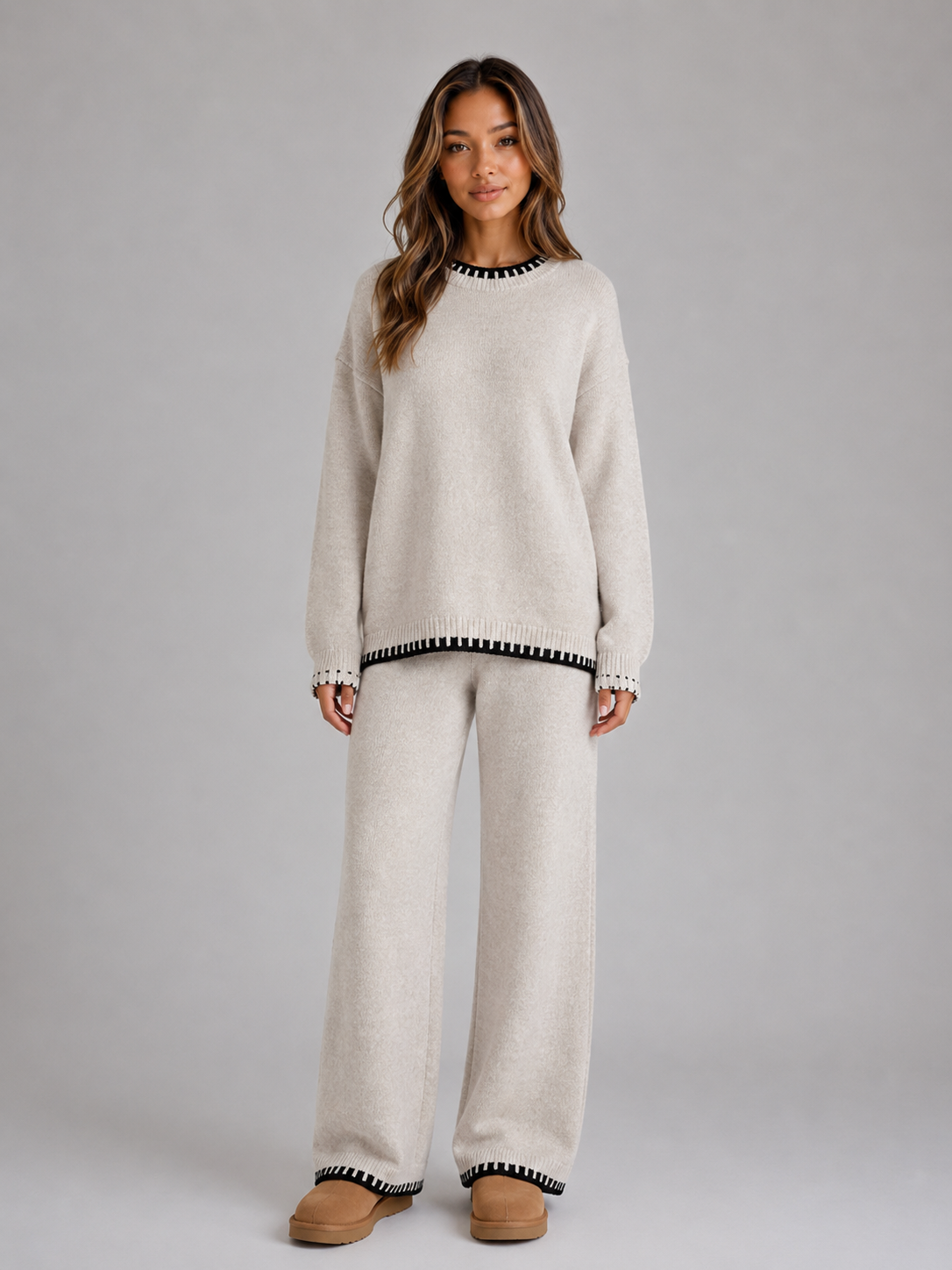 Women’s Knit Two-Piece Set – Relaxed Sweater & Wide Leg Pants