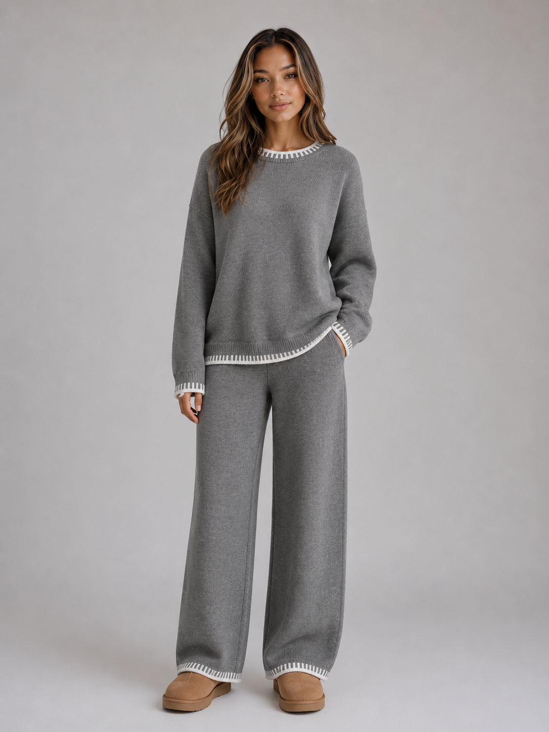 Women’s Knit Two-Piece Set – Relaxed Sweater & Wide Leg Pants