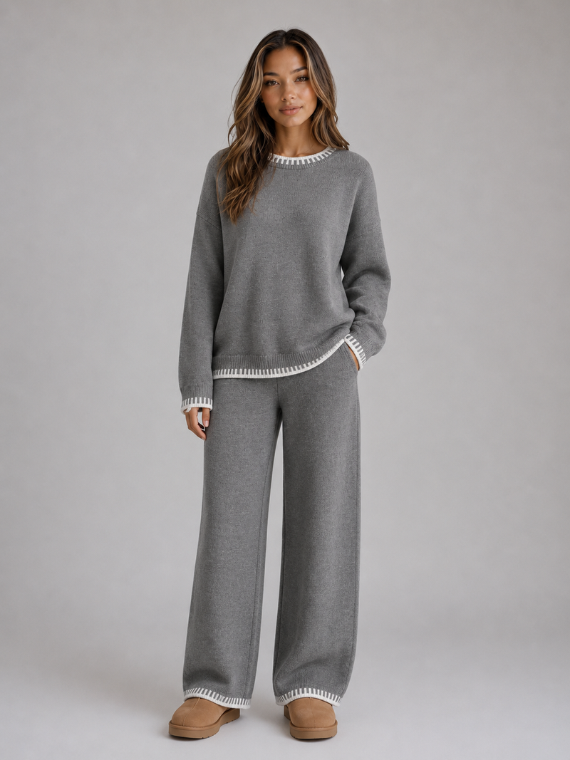 Women’s Knit Two-Piece Set – Relaxed Sweater & Wide Leg Pants