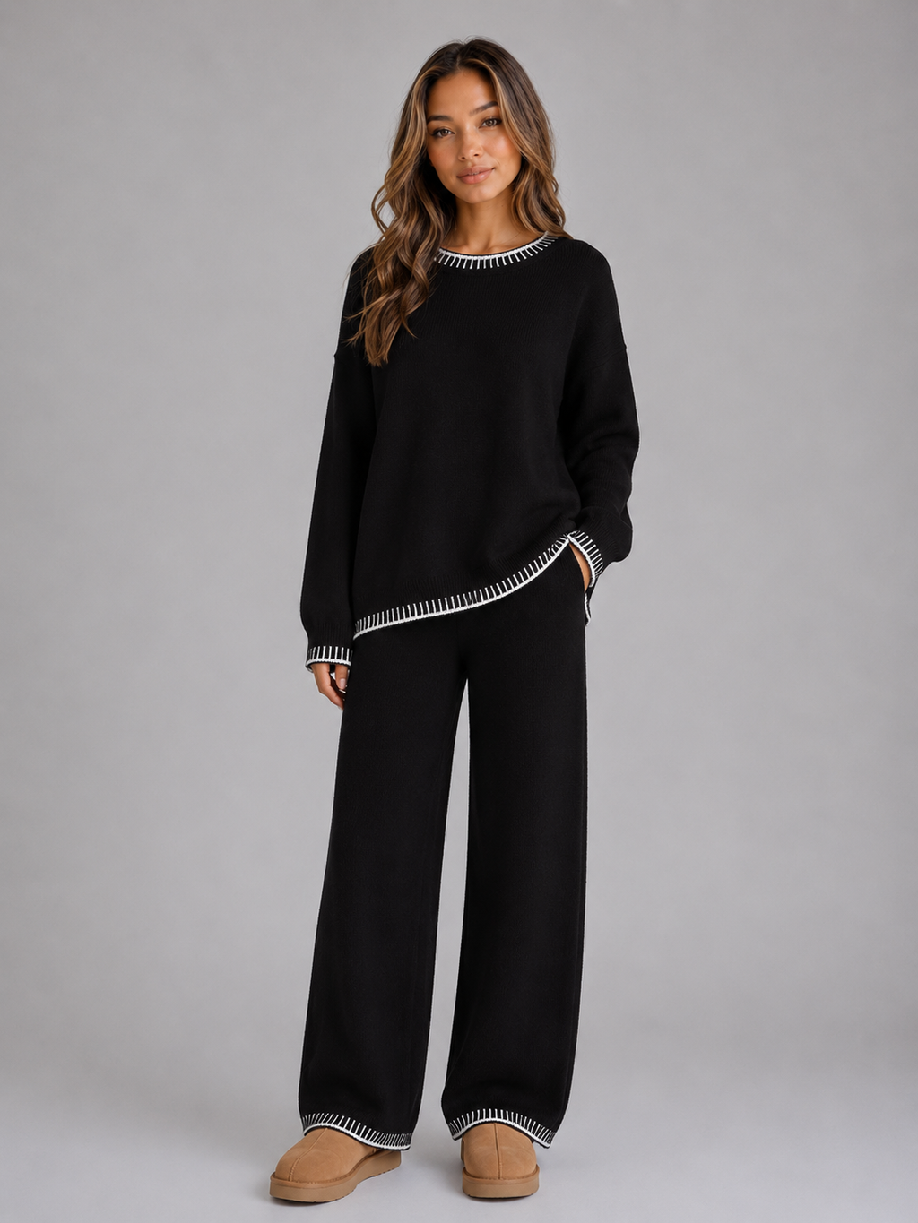 Women’s Knit Two-Piece Set – Relaxed Sweater & Wide Leg Pants