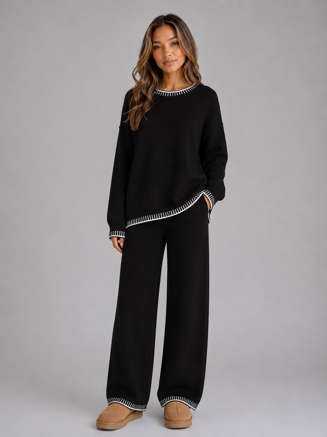 Women’s Knit Two-Piece Set – Relaxed Sweater & Wide Leg Pants