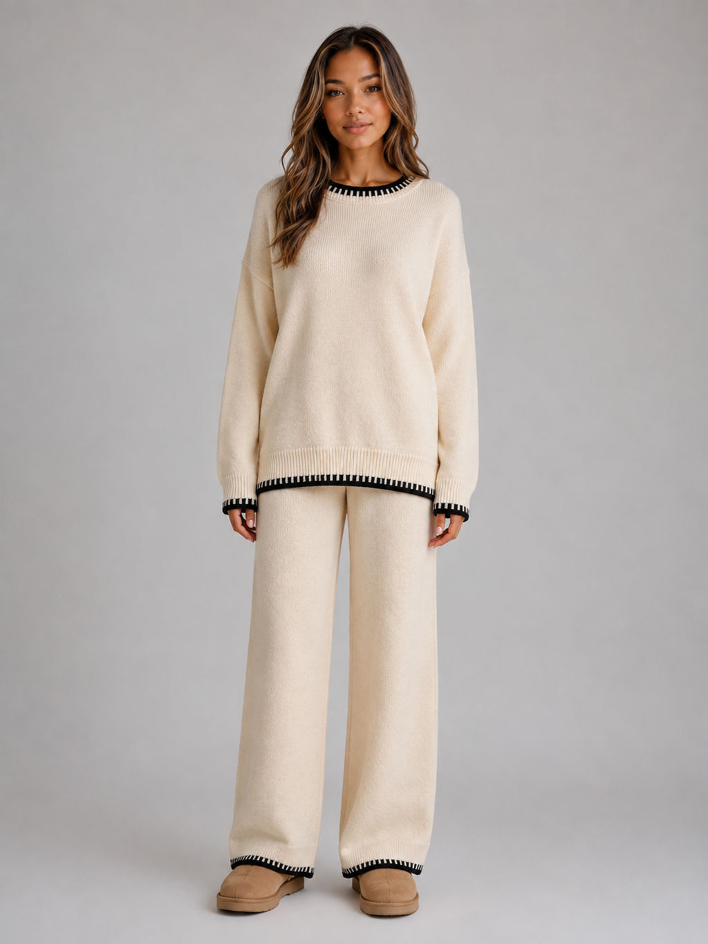 Women’s Knit Two-Piece Set – Relaxed Sweater & Wide Leg Pants