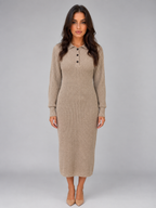 Women's Knitted Sweater Midi Dress – Long Sleeve Polo Button Neck