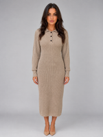 Women's Knitted Sweater Midi Dress – Long Sleeve Polo Button Neck