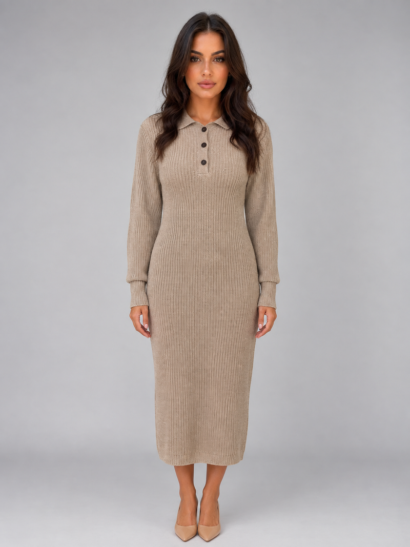 Women's Knitted Sweater Midi Dress – Long Sleeve Polo Button Neck