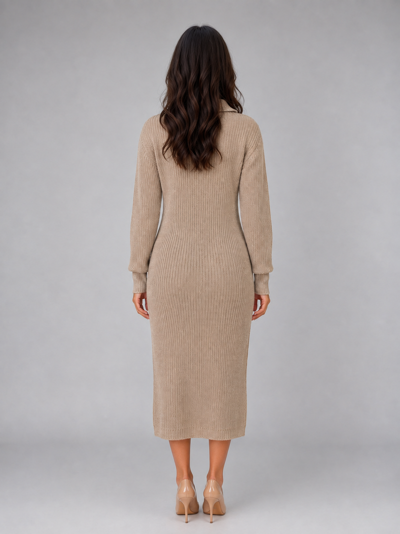 Women's Knitted Sweater Midi Dress – Long Sleeve Polo Button Neck