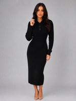 Women's Knitted Sweater Midi Dress – Long Sleeve Polo Button Neck