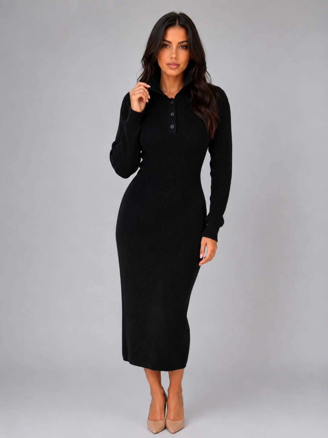 Women's Knitted Sweater Midi Dress – Long Sleeve Polo Button Neck