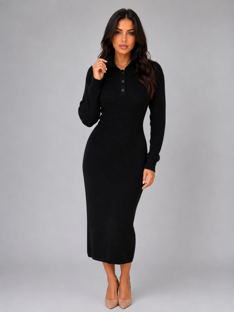 Women's Knitted Sweater Midi Dress – Long Sleeve Polo Button Neck