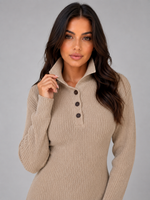 Women's Knitted Sweater Midi Dress – Long Sleeve Polo Button Neck