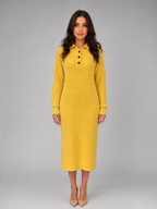 Women's Knitted Sweater Midi Dress – Long Sleeve Polo Button Neck