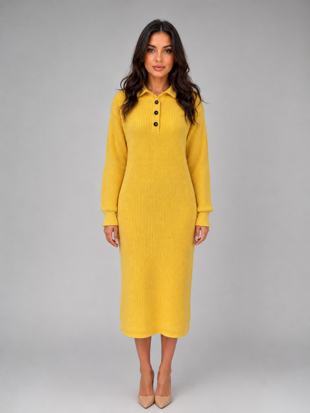 Women's Knitted Sweater Midi Dress – Long Sleeve Polo Button Neck