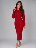 Women's Knitted Sweater Midi Dress – Long Sleeve Polo Button Neck
