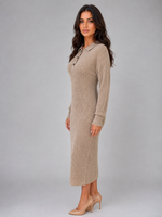 Women's Knitted Sweater Midi Dress – Long Sleeve Polo Button Neck