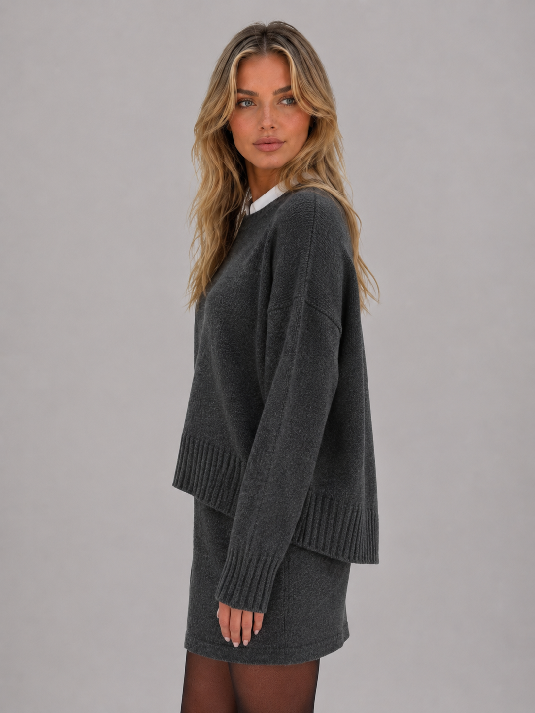 Women’s Knit Sweater & Mini Skirt Set – Wool Blend Two-Piece Outfit