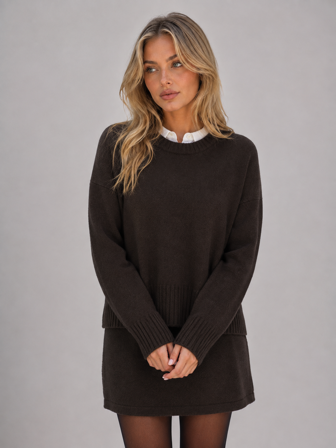 Women’s Knit Sweater & Mini Skirt Set – Wool Blend Two-Piece Outfit