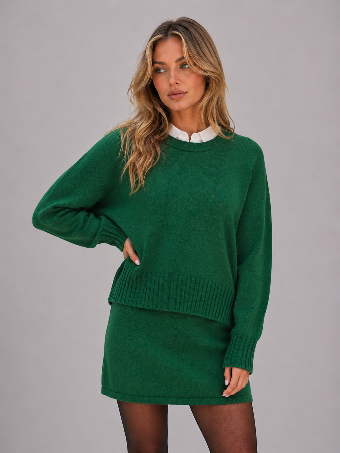 Women’s Knit Sweater & Mini Skirt Set – Wool Blend Two-Piece Outfit