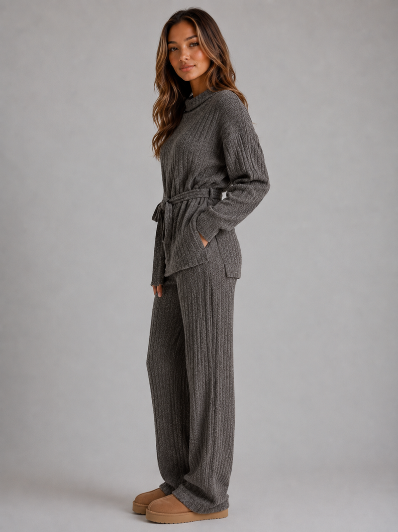 Women’s Knit Two-Piece Set – Turtleneck Sweater & Wide Leg Pants