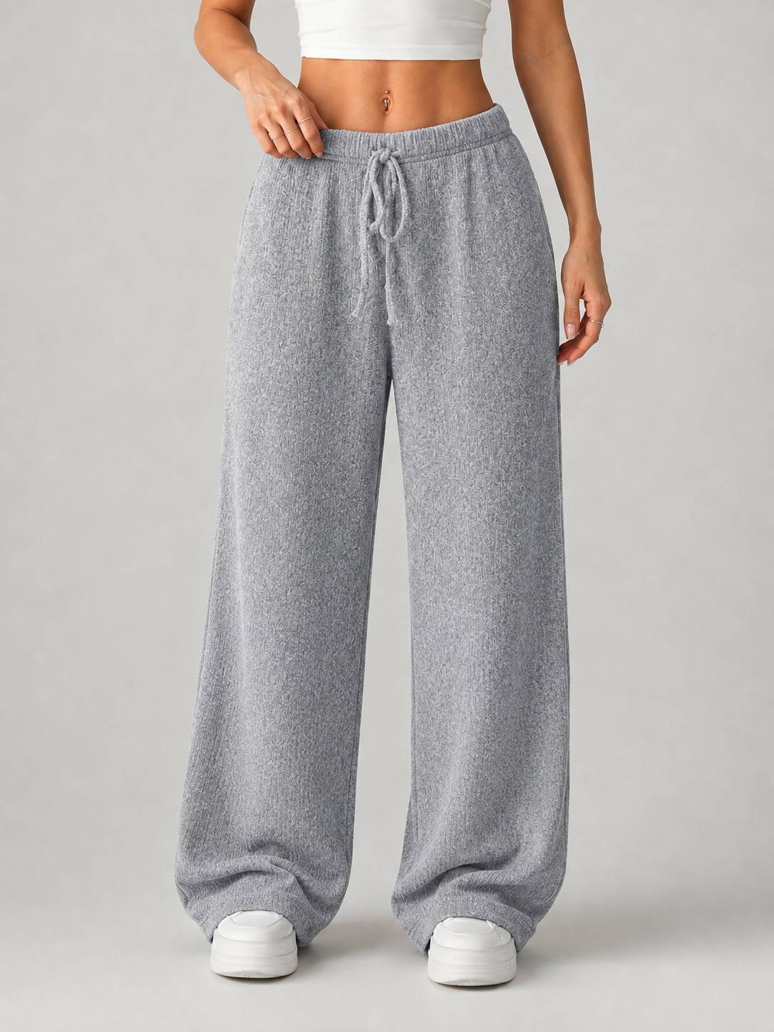 Women’s Knit Wide Leg Pants – High Waist Drawstring Pants