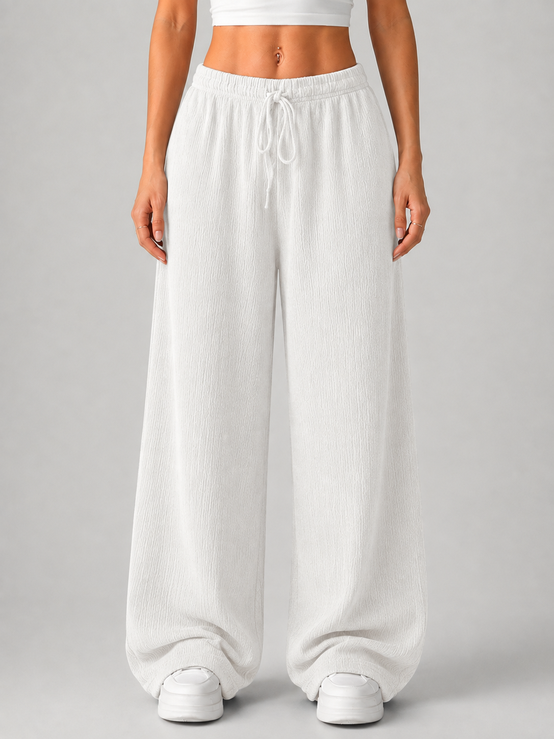 Women’s Knit Wide Leg Pants – High Waist Drawstring Pants