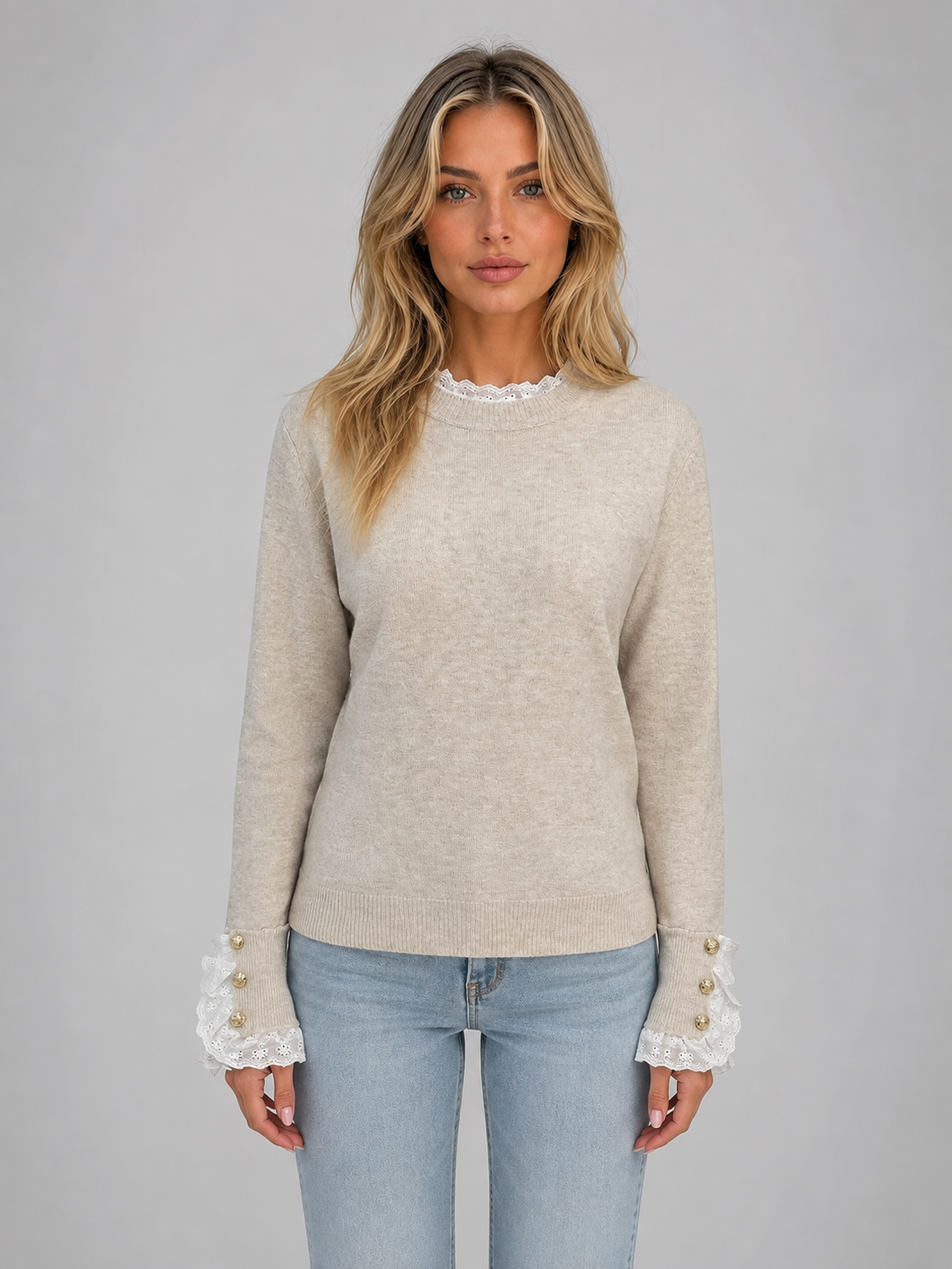 Women’s Lace Trim Knitted Sweater – Crew Neck Long Sleeve Top