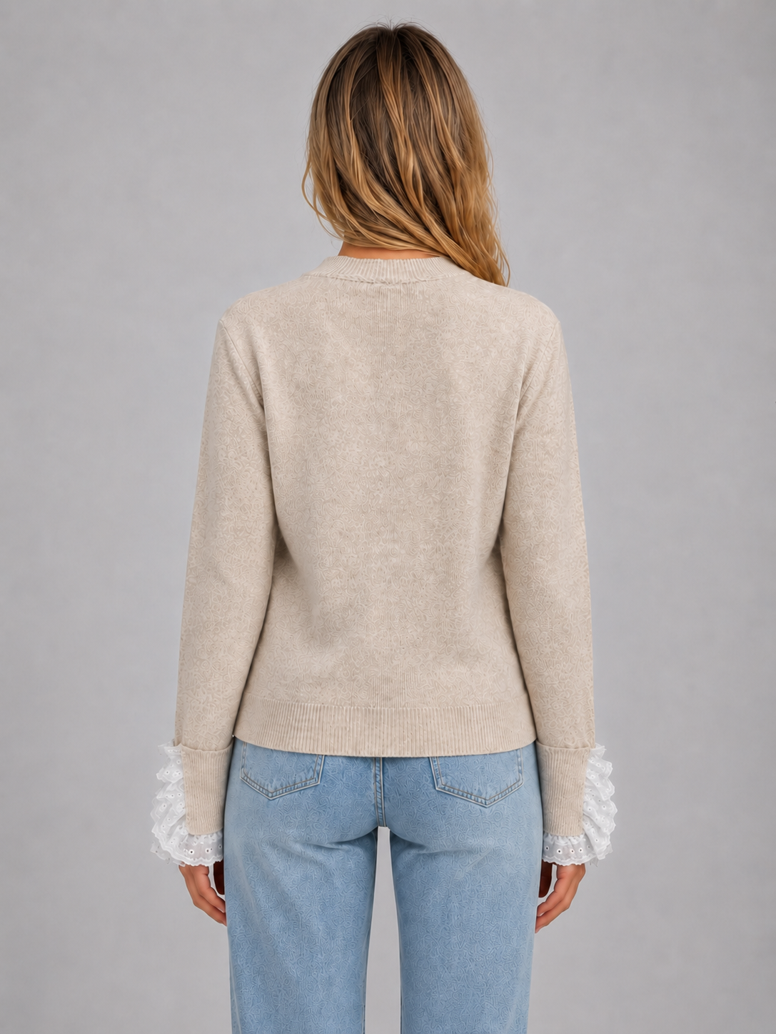Women’s Lace Trim Knitted Sweater – Crew Neck Long Sleeve Top
