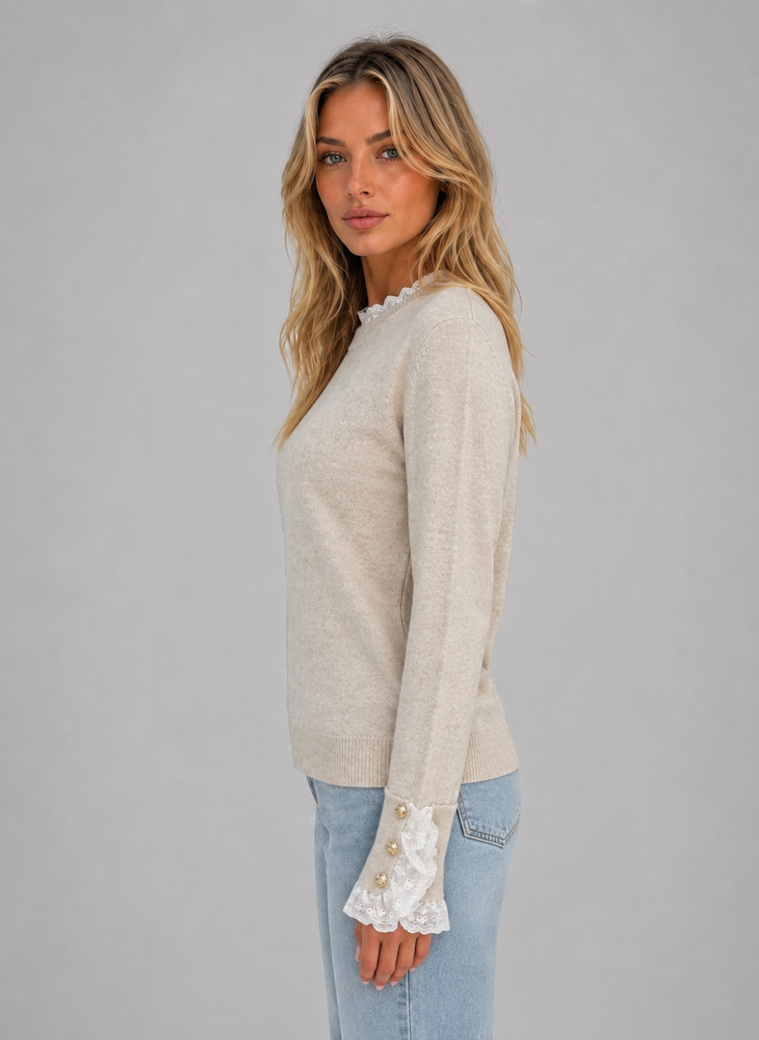 Women’s Lace Trim Knitted Sweater – Crew Neck Long Sleeve Top