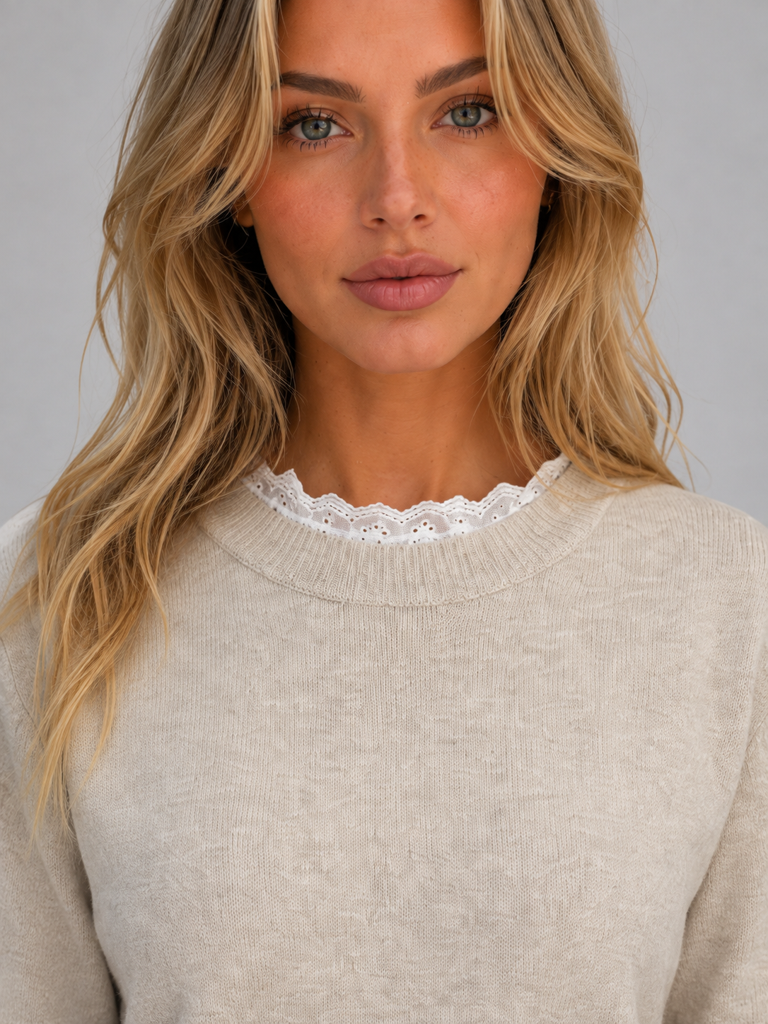 Women’s Lace Trim Knitted Sweater – Crew Neck Long Sleeve Top