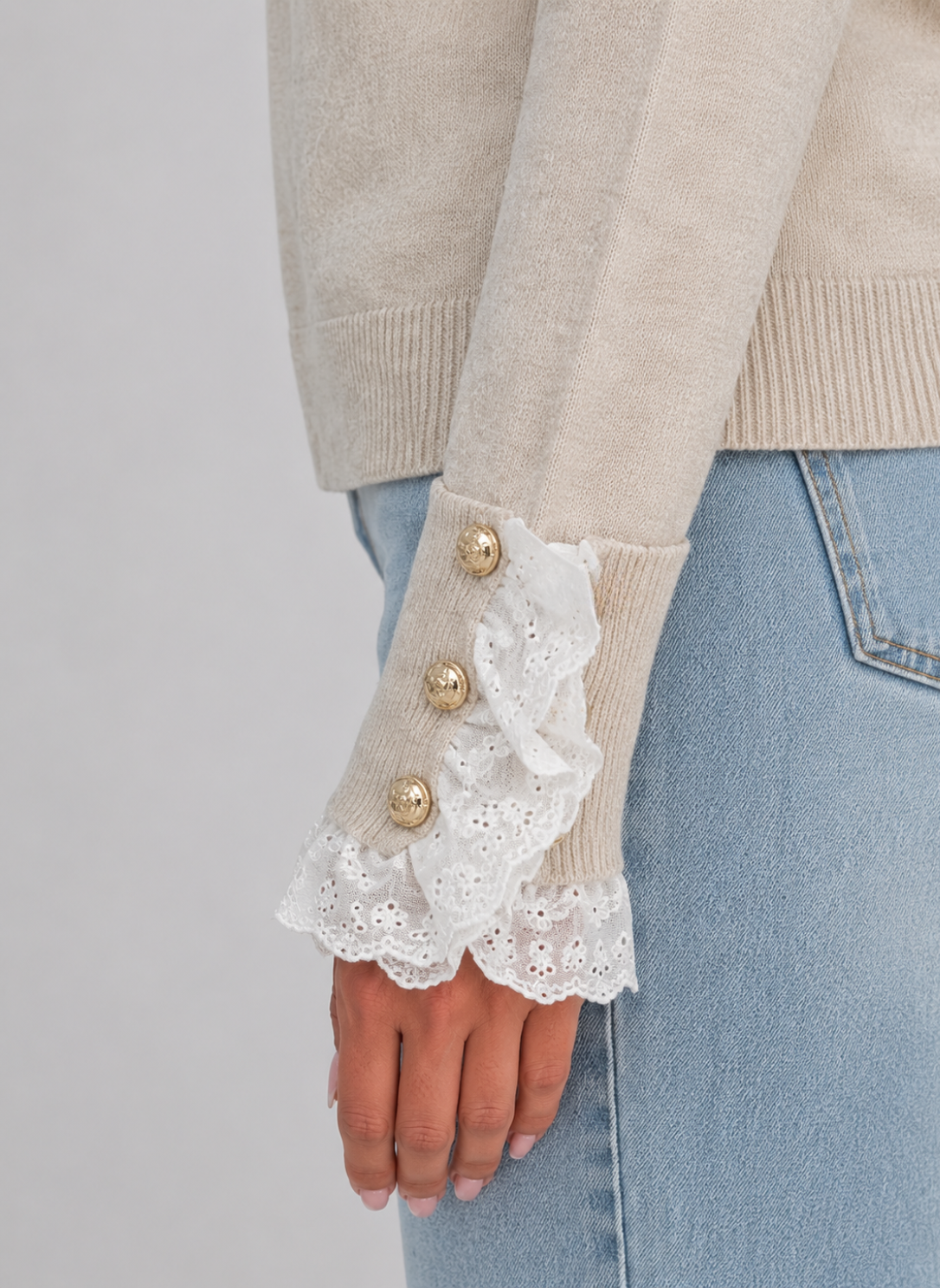 Women’s Lace Trim Knitted Sweater – Crew Neck Long Sleeve Top