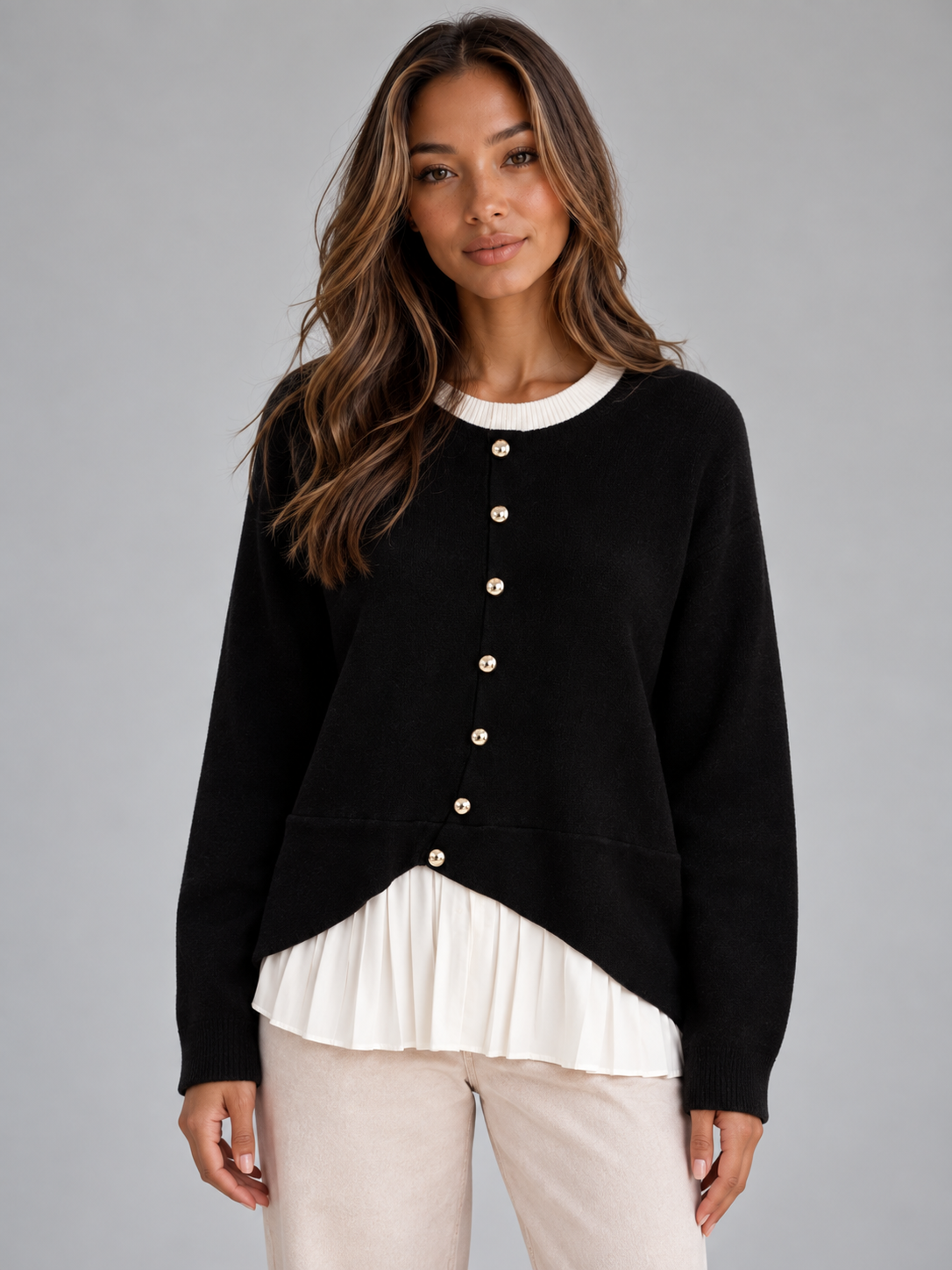 Women’s Layered Knit Cardigan – Button Front Pleated Hem Sweater