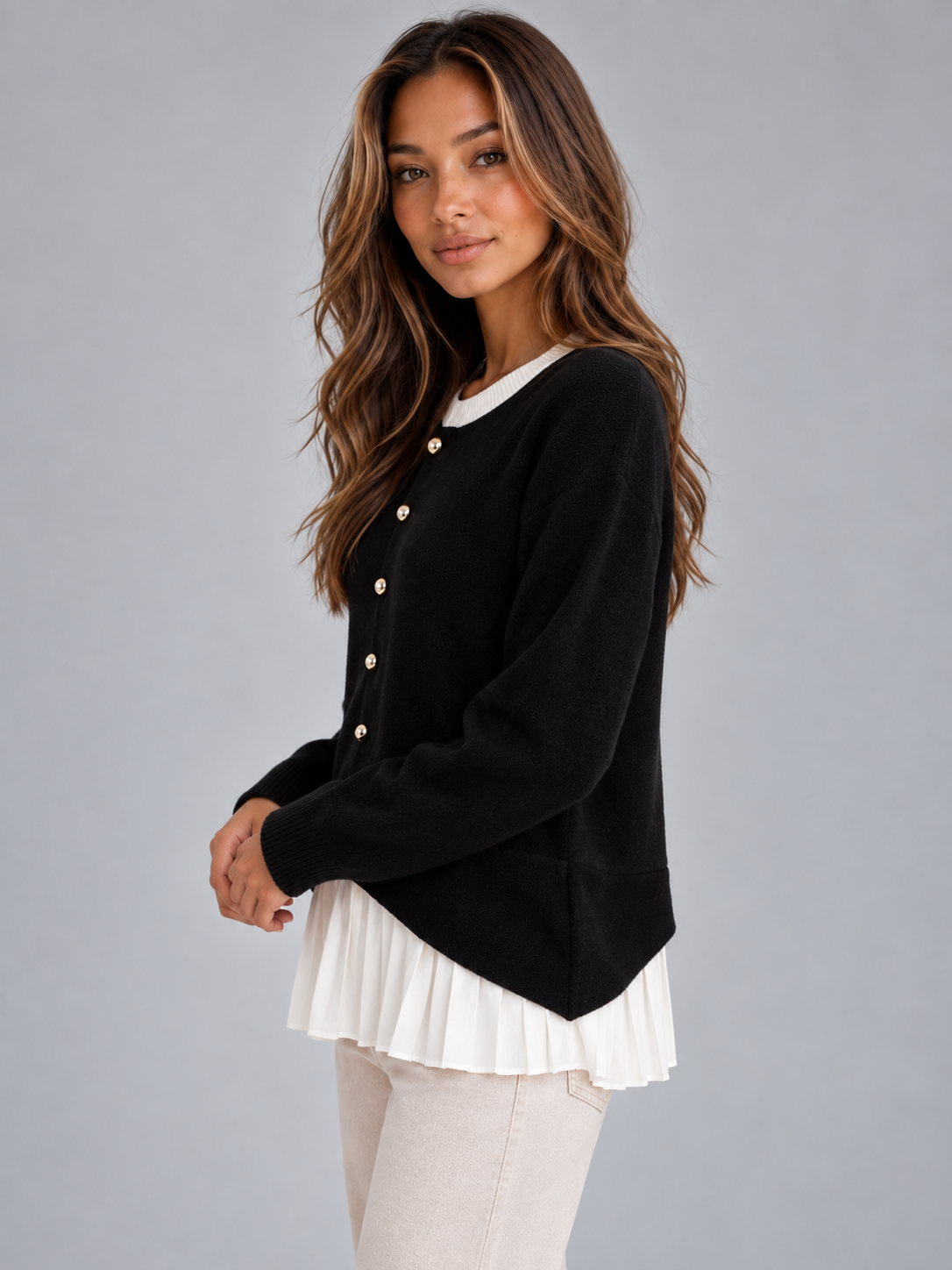 Women’s Layered Knit Cardigan – Button Front Pleated Hem Sweater
