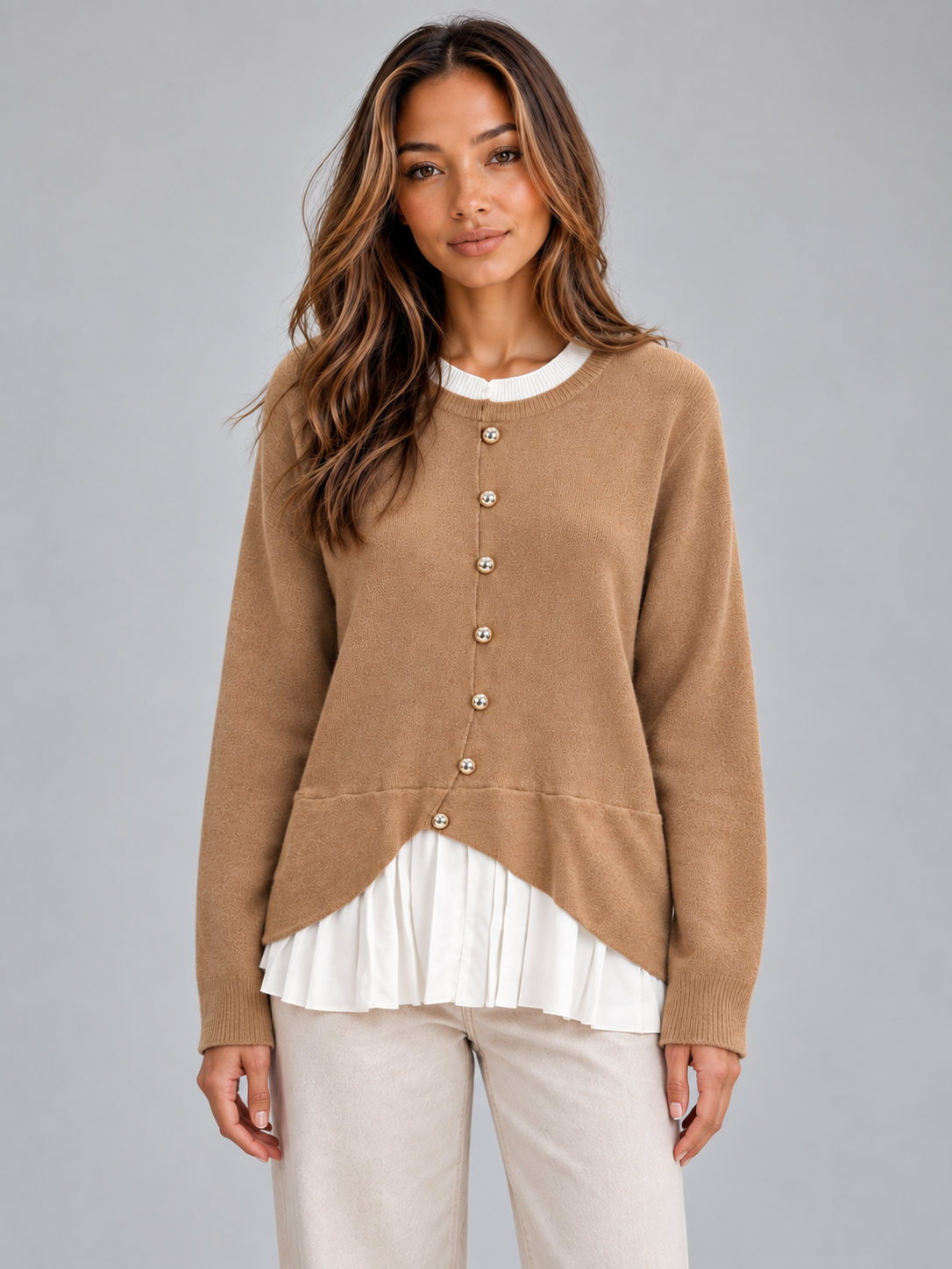 Women’s Layered Knit Cardigan – Button Front Pleated Hem Sweater