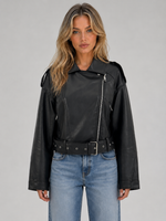 Women's Faux Leather Biker Jacket – Belted Moto Jacket with Zip Pockets