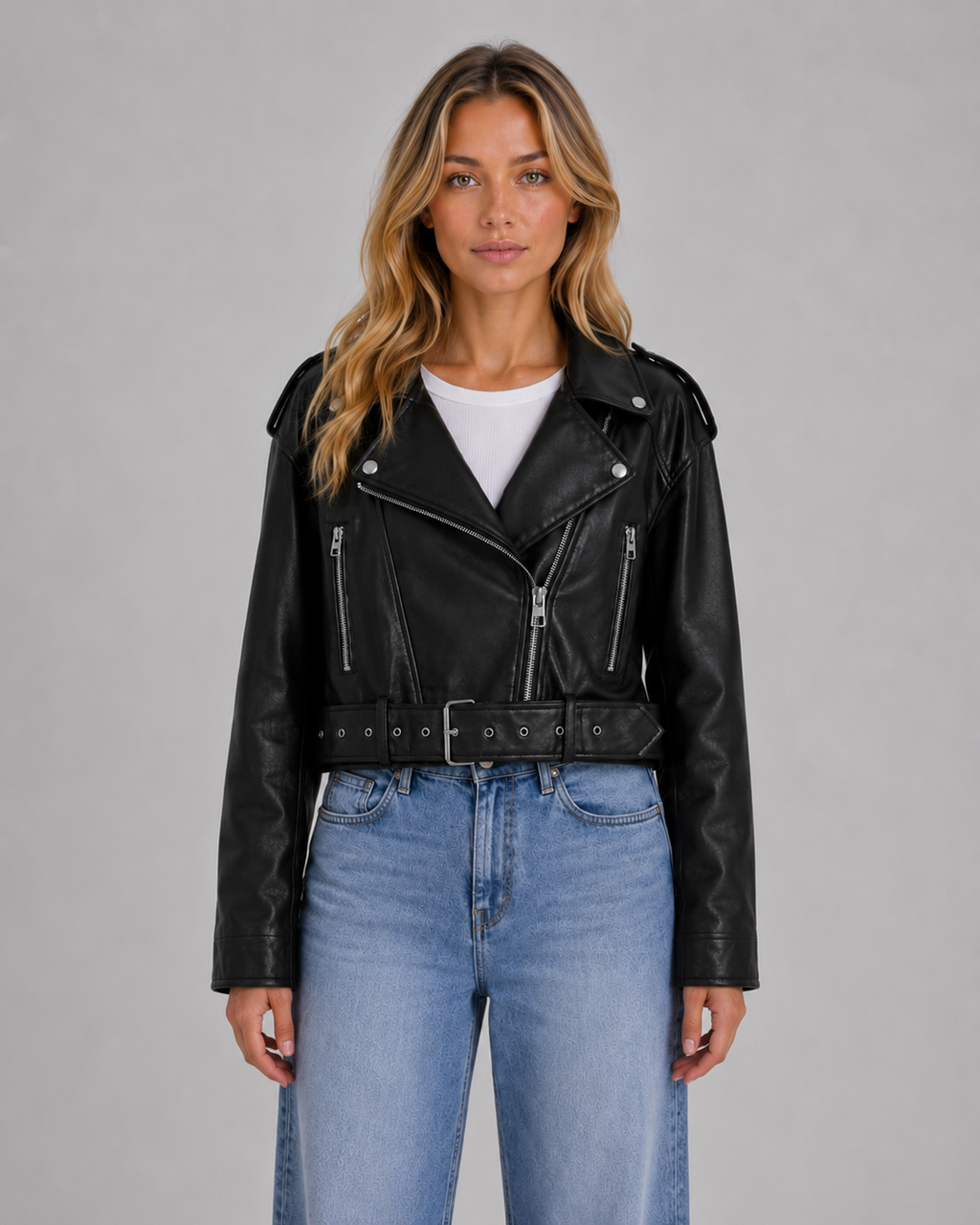 Women's Faux Leather Biker Jacket – Belted Moto Jacket with Zip Pockets