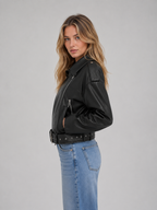 Women's Faux Leather Biker Jacket – Belted Moto Jacket with Zip Pockets