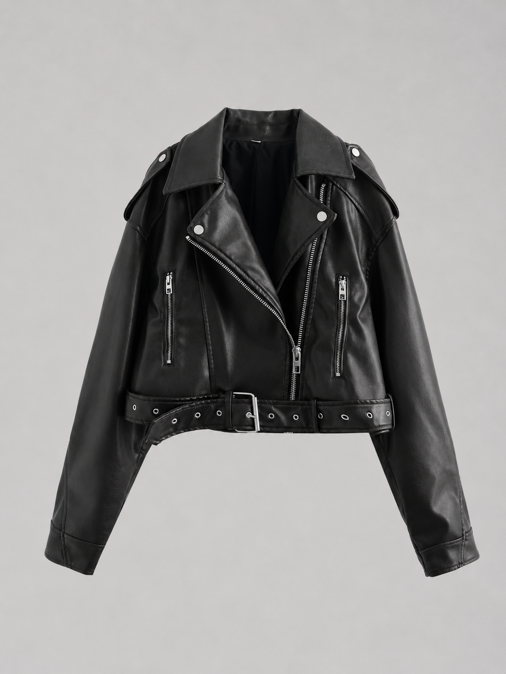 Women's Faux Leather Biker Jacket – Belted Moto Jacket with Zip Pockets