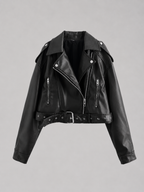Women's Faux Leather Biker Jacket – Belted Moto Jacket with Zip Pockets
