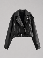 Women's Faux Leather Biker Jacket – Belted Moto Jacket with Zip Pockets
