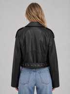 Women's Faux Leather Biker Jacket – Belted Moto Jacket with Zip Pockets