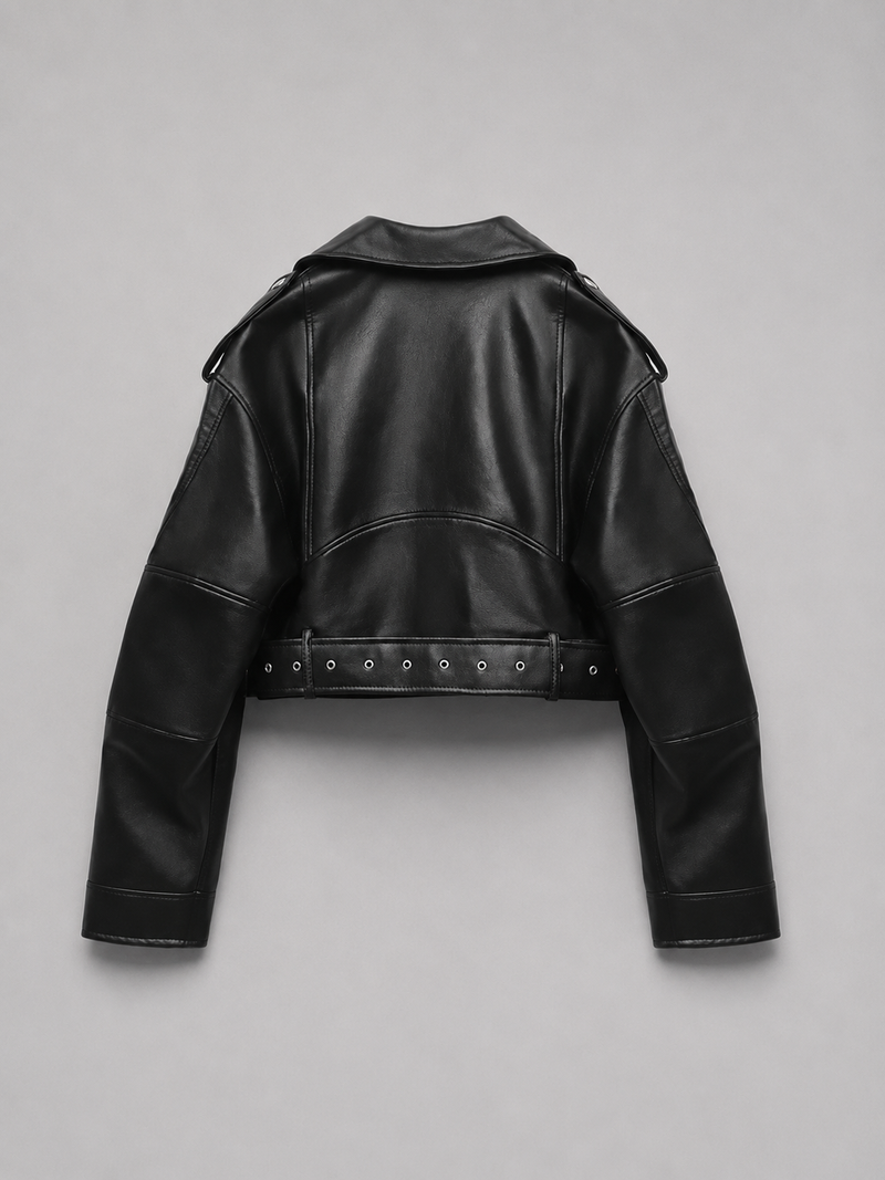 Women's Faux Leather Biker Jacket – Belted Moto Jacket with Zip Pockets