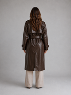 Women’s Leather Look Trench Coat – Long Double Breasted Belted Jacket