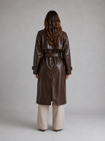 Women’s Leather Look Trench Coat – Long Double Breasted Belted Jacket