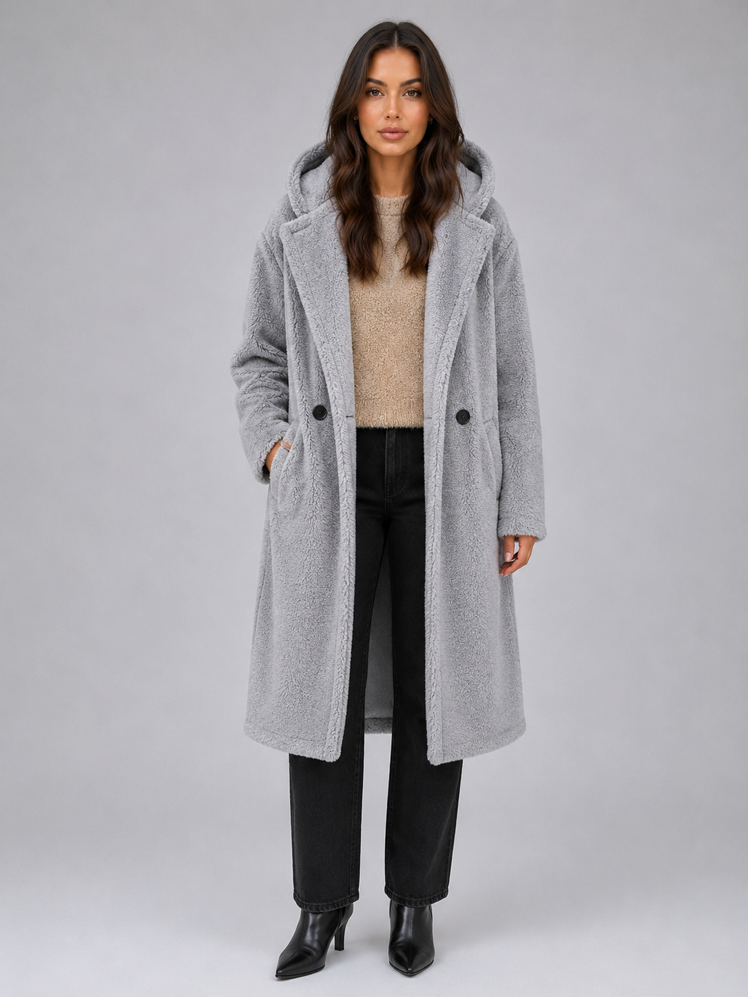Women’s Long Teddy Coat – Oversized Hooded Fleece Winter Coat