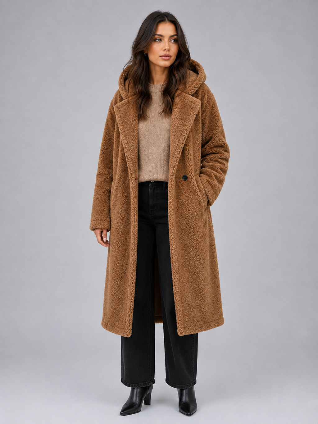 Women’s Long Teddy Coat – Oversized Hooded Fleece Winter Coat