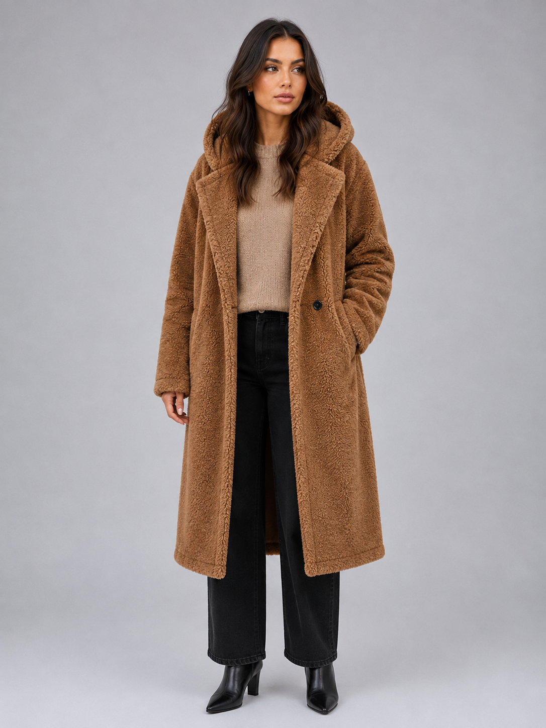 Women’s Long Teddy Coat – Oversized Hooded Fleece Winter Coat