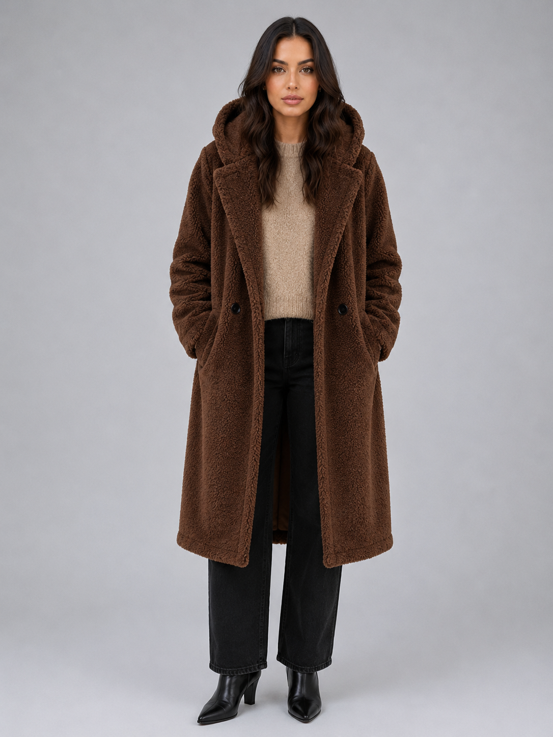 Women’s Long Teddy Coat – Oversized Hooded Fleece Winter Coat