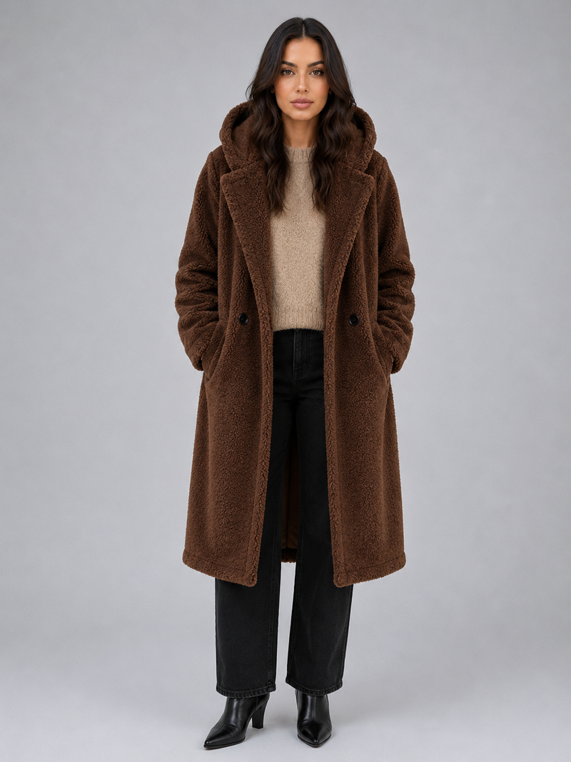 Women’s Long Teddy Coat – Oversized Hooded Fleece Winter Coat