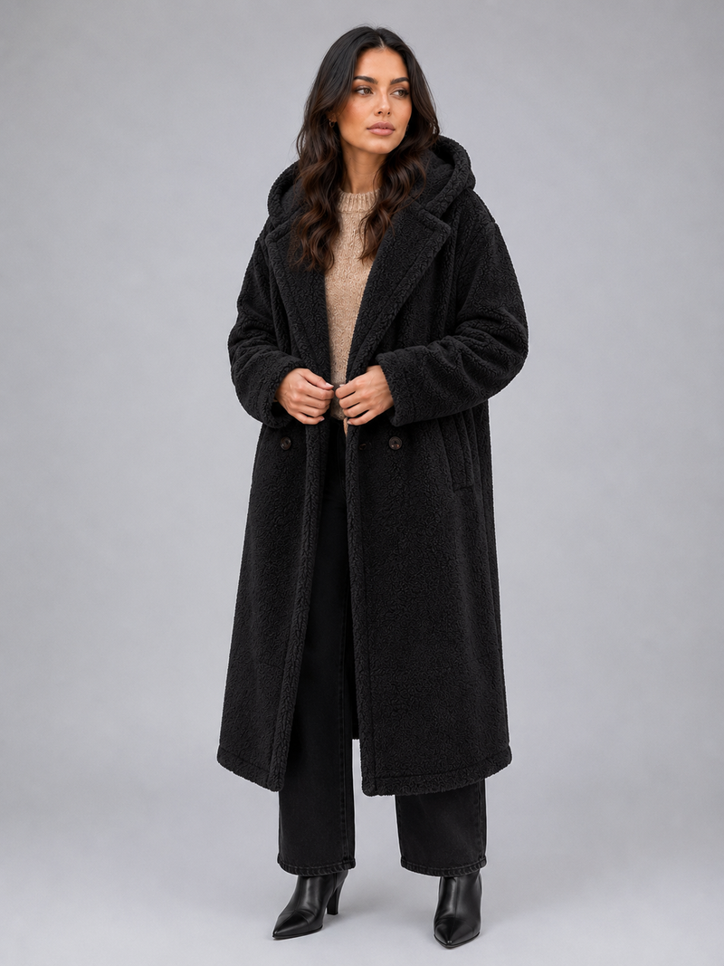 Women’s Long Teddy Coat – Oversized Hooded Fleece Winter Coat