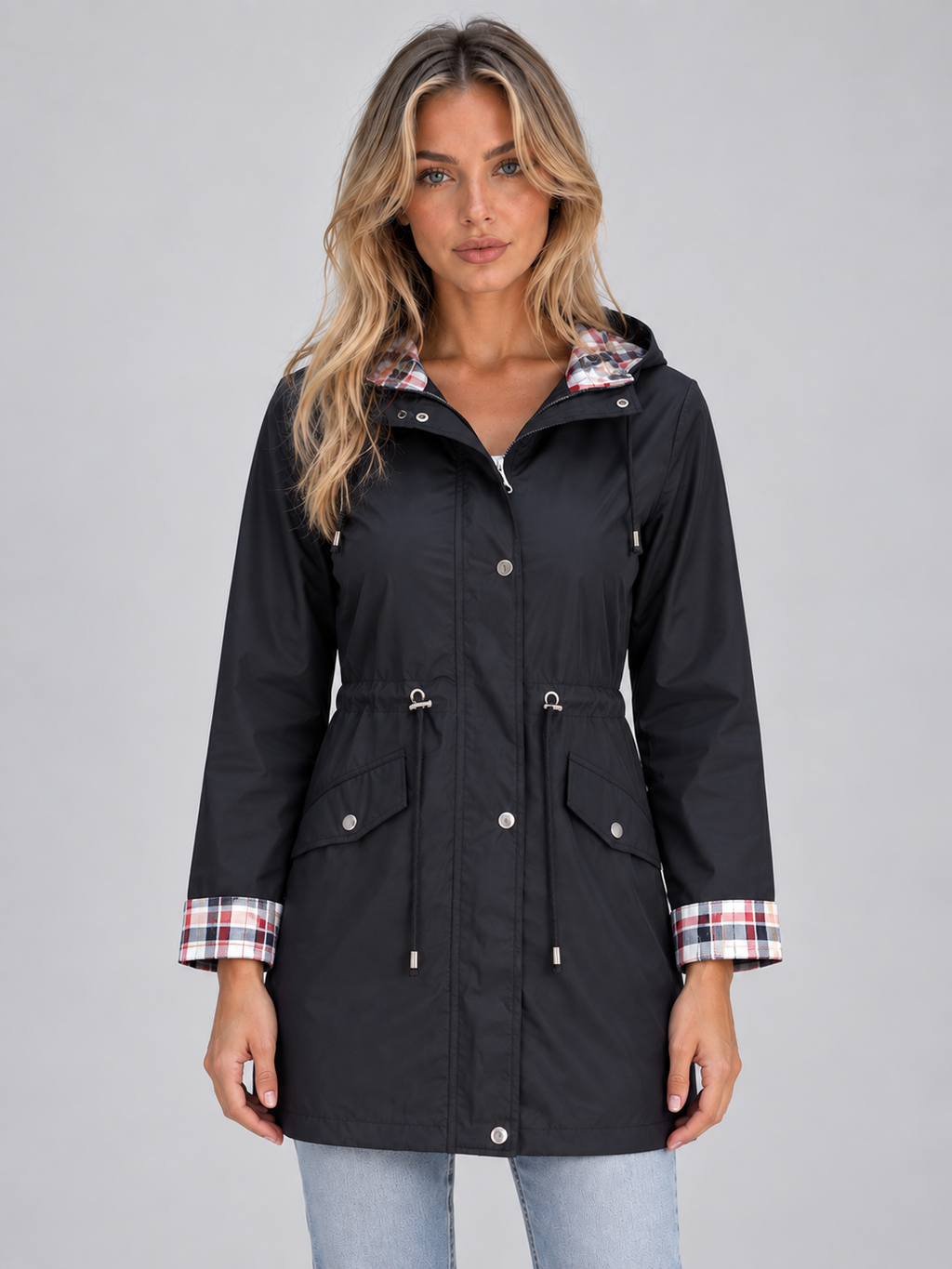 Women’s Long Hooded Raincoat – Zip Up Parka with Drawstring Waist